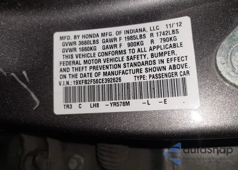 2012 Honda Civic Lx from USA, damaged, VIN 19XFB2F56CE392626